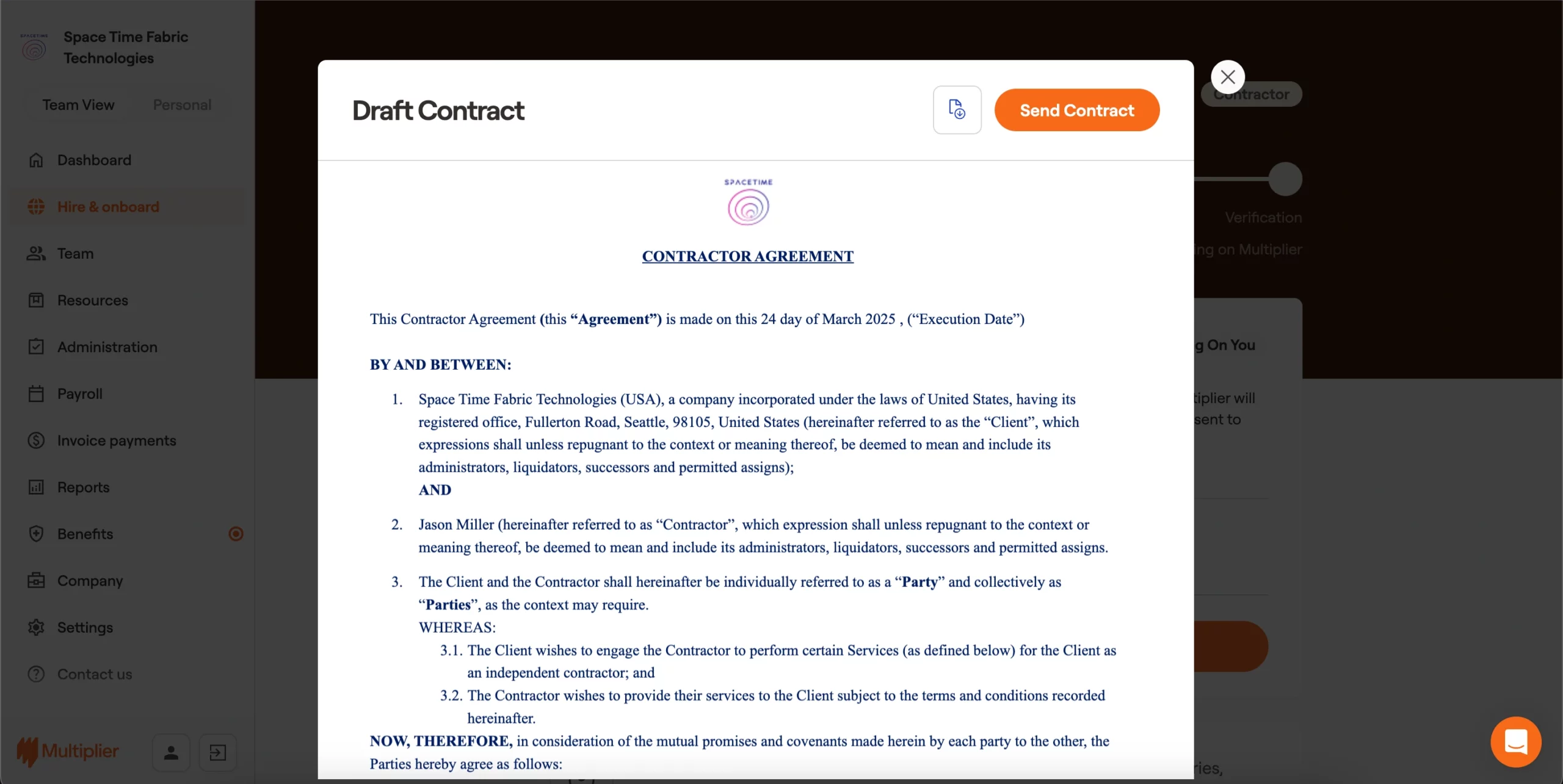 Contract sent to the contractor for onboarding in India.